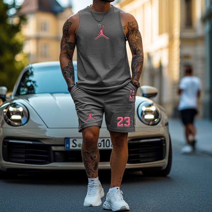 

Unisex Basketball Advanced Gray Tank Top And Stripes Shorts Set