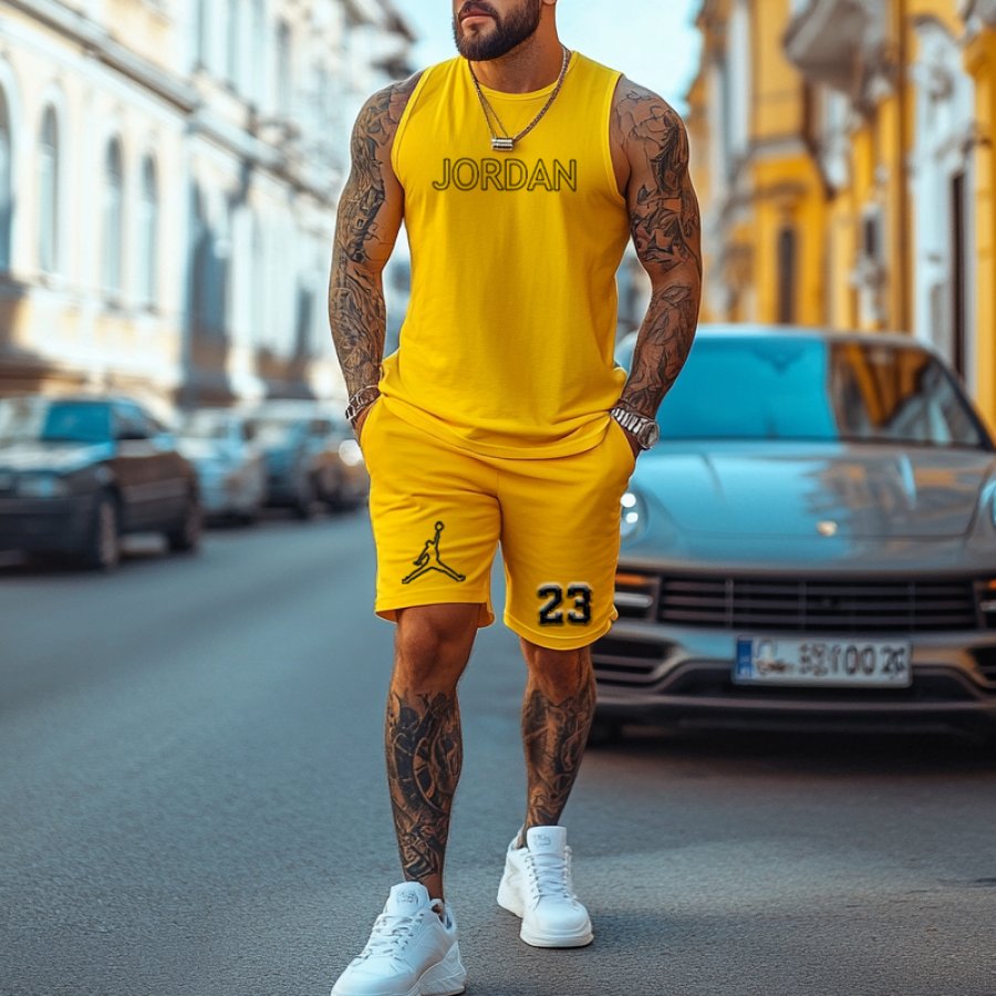

Unisex Basketball Print Inspired Bright Yellow Tank Top And Stripes Shorts Set
