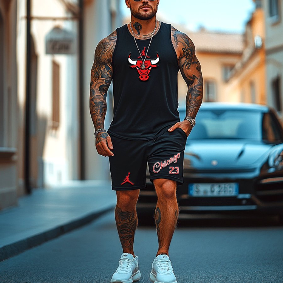 

Unisex Basketball Bull Black Tank Top And Stripes Shorts Set