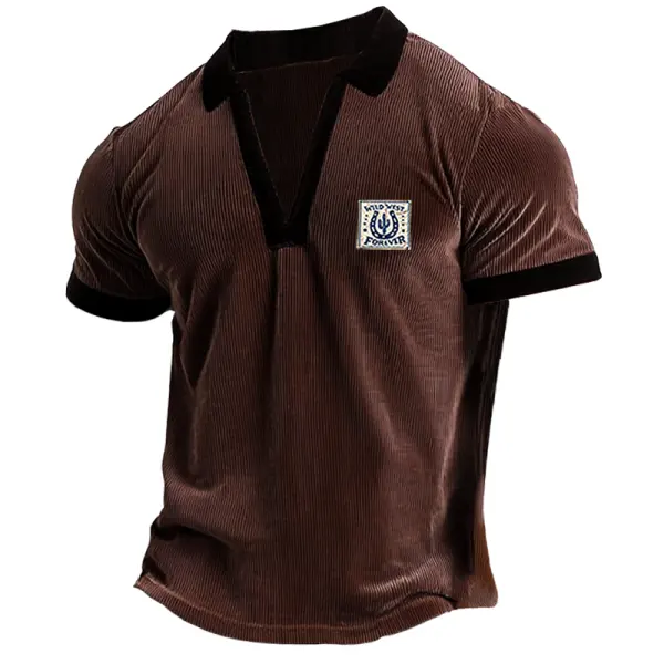 Men's Retro Western Corduroy V Neck Polo T Shirt Brown - Dozenlive.com 