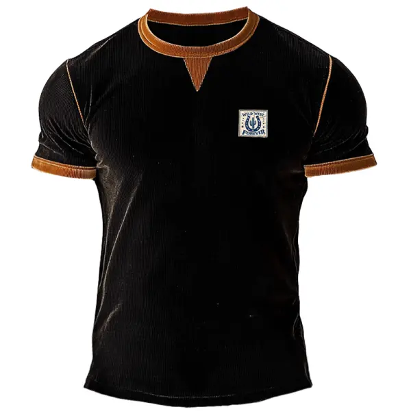 Men's Retro Western Corduroy T-Shirt Black - Dozenlive.com 