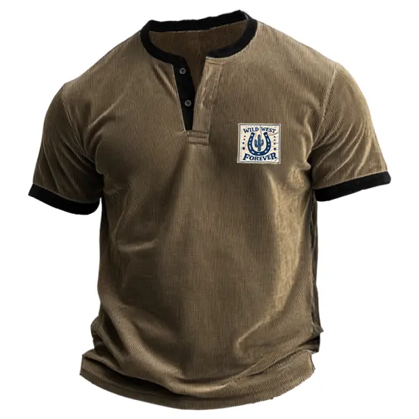 Men's Retro Western Corduroy Henley T-Shirt With 'Wild West Forever' Patch - Dozenlive.com 