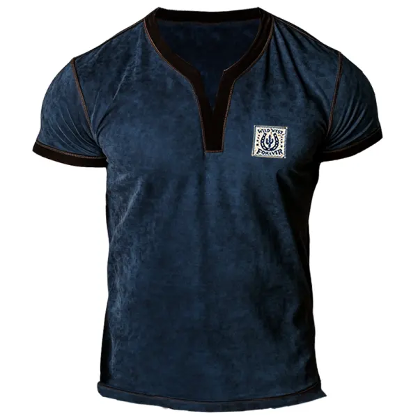 Men's Retro Suede Patchwork V-Neck T-Shirt Dark Blue - Dozenlive.com 