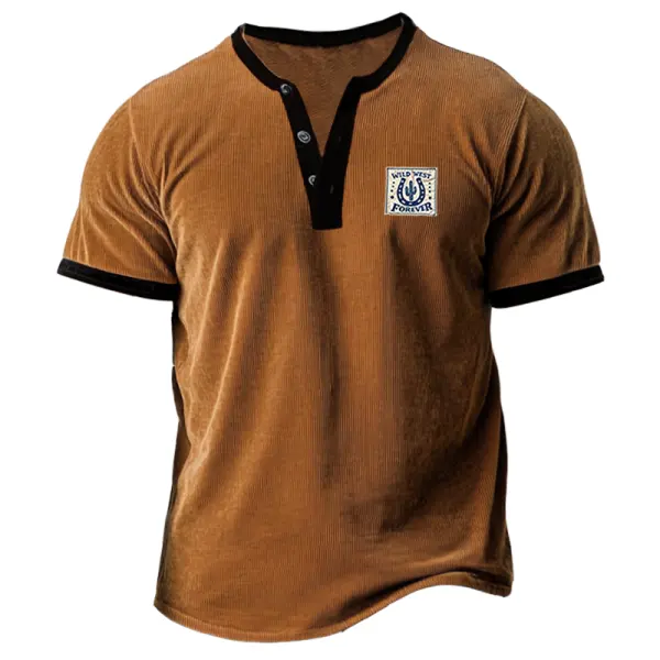 Men's Retro Corduroy Henley T-Shirt With Contrast Trim Brown - Dozenlive.com 