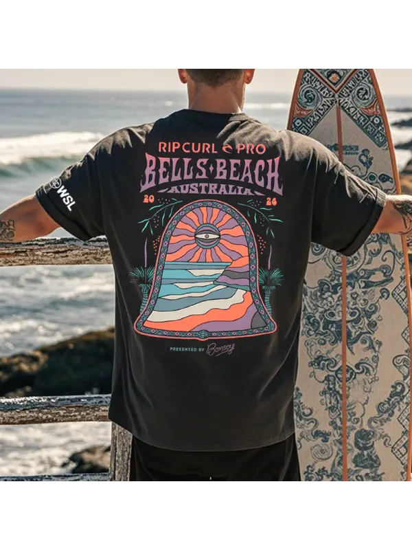 Men's Vintage Oversized WSL Poster Hawaii Surfing Graphic Print T-Shirt Black - Aptkoi.com 