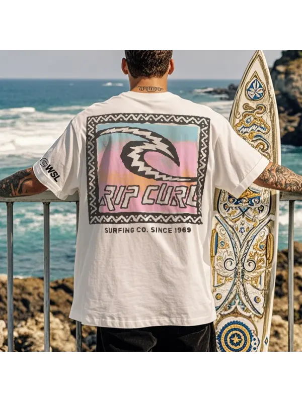 Men's Vintage Surfing Oversized WSL Poster Raceing Graphic Print T-Shirt White Black - Aptkoi.com 