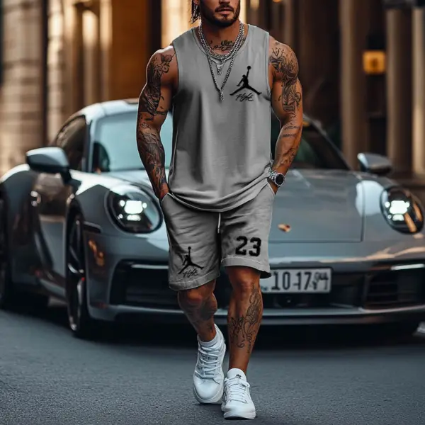 Unisex Basketball Flight Print Streetwear Gray Tank Top And Shorts Set - Ootdyouth.com 