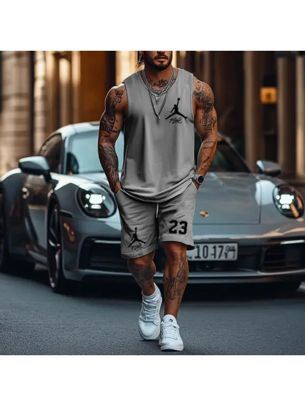 Unisex Basketball Flight Print Streetwear Gray Tank Top And Shorts Set - Ootdmw.com 