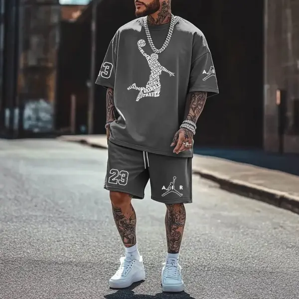 Unisex Basketball Take Off Print Oversized Streetwear Gray Short-Sleeved T-shirt And Shorts Set - Cotosen.com 