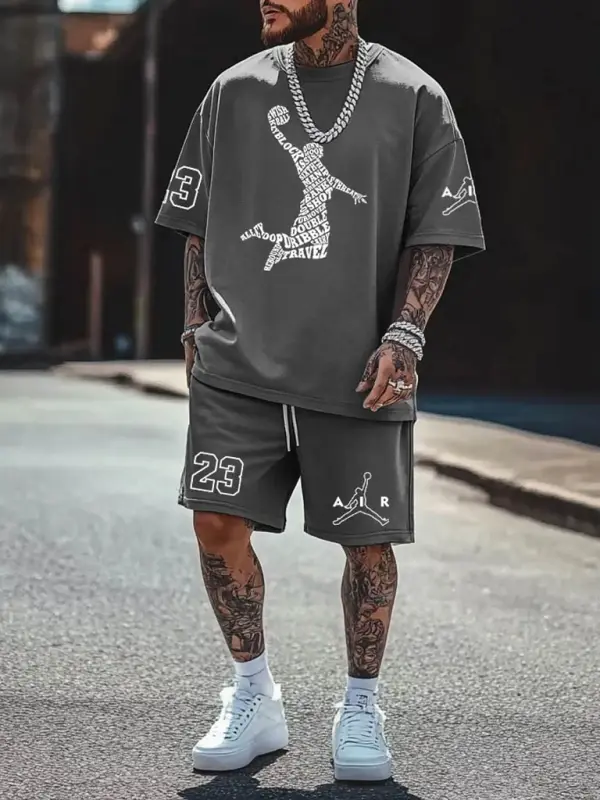 Unisex Basketball Take Off Print Oversized Streetwear Gray Short-Sleeved T-shirt And Shorts Set - Pragmaace.com 