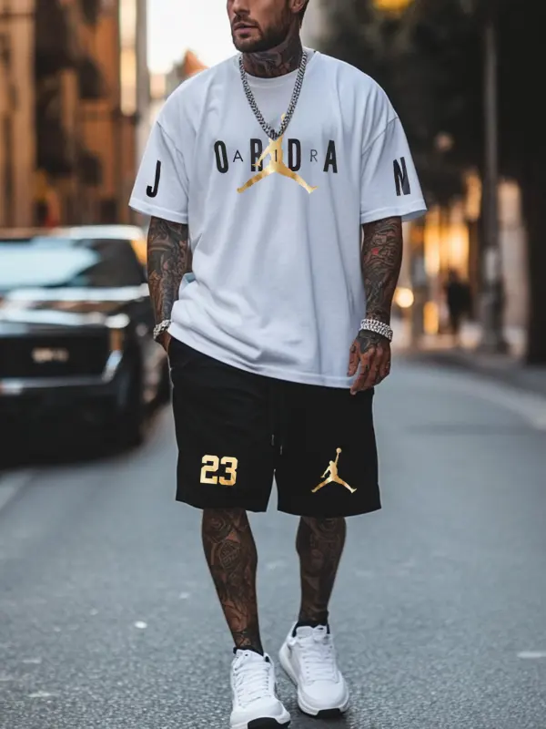 Unisex Basketball Gold Print Oversize White T-shirt And Shorts Set - Pragmaace.com 