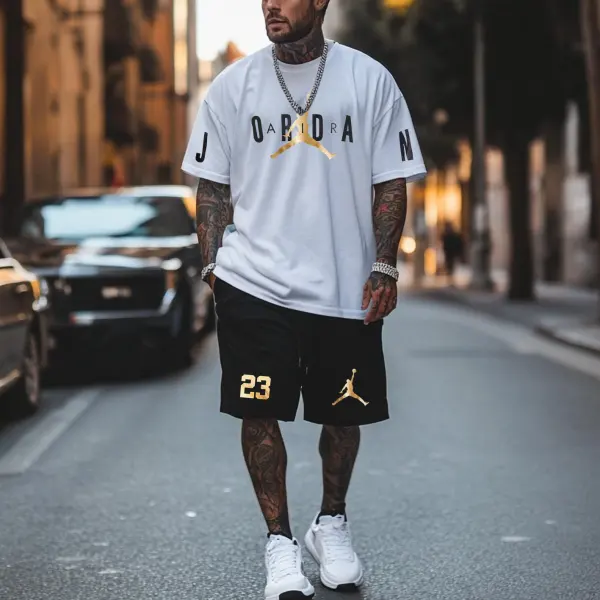 Unisex Basketball Gold Print Oversize White T-shirt And Shorts Set - Spiretime.com 