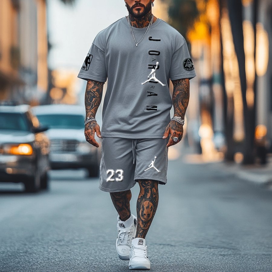 

Unisex Basketball Foamed Print Oversized Streetwear Gray Short-Sleeved T-shirt And Shorts Set