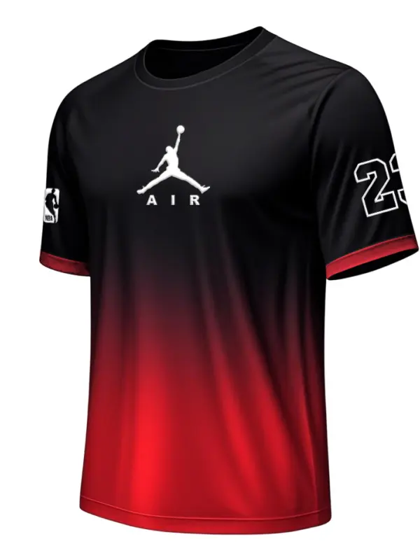 Men's Basketball Black Red Gradient Print Breathable Sports Crew Neck Short Sleeve T-Shirt - Pragmaace.com 