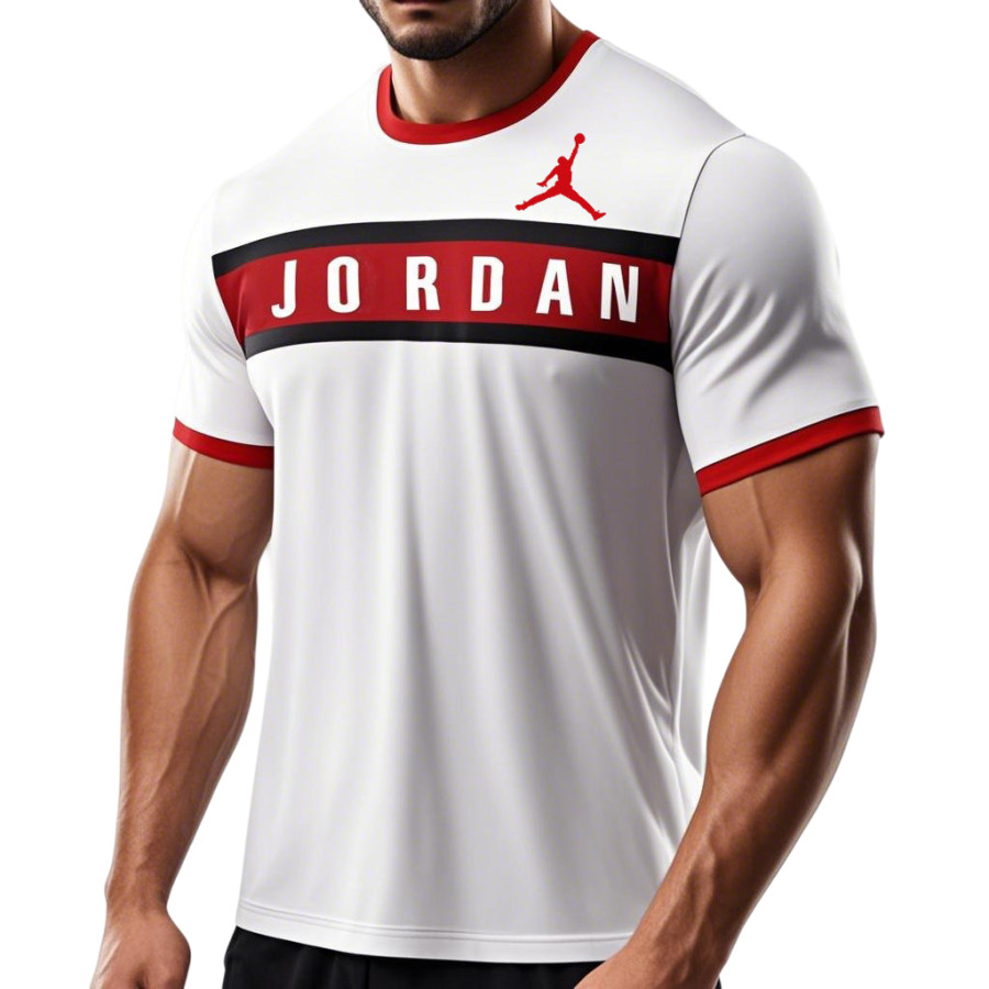 

Men's Basketball Red And Black Striped Letters Print Breathable Sports Crew Neck Short Sleeve T-Shirt