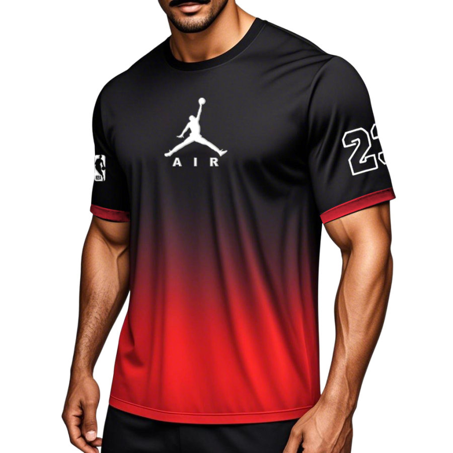 

Men's Basketball Black Red Gradient Print Breathable Sports Crew Neck Short Sleeve T-Shirt