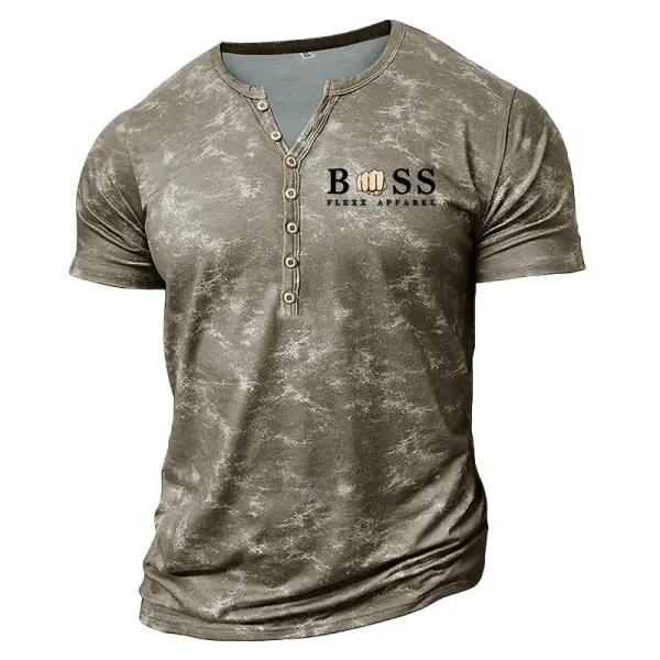 Men's Vintage Texture Print Henley Collar Short Sleeve T-Shirt - Yesunshine.com 