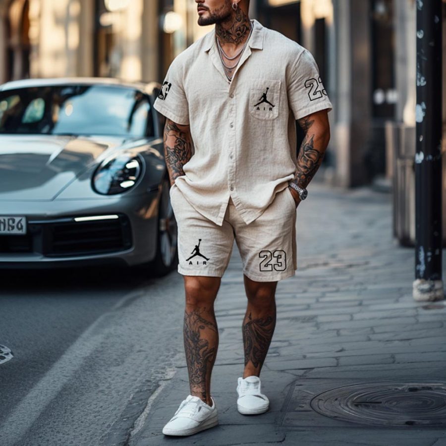 

Unisex Basketball Print Cotton And Linen Cuban Collar Streetwear Apricot Short-Sleeved Shirt And Shorts Set