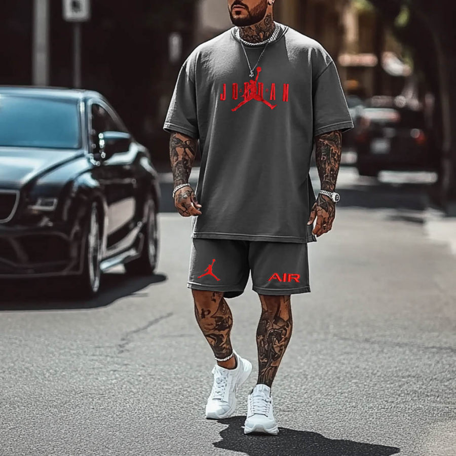 

Unisex Basketball Embroidered Oversized Streetwear Mid Gray Short-Sleeved T-shirt And Shorts Set