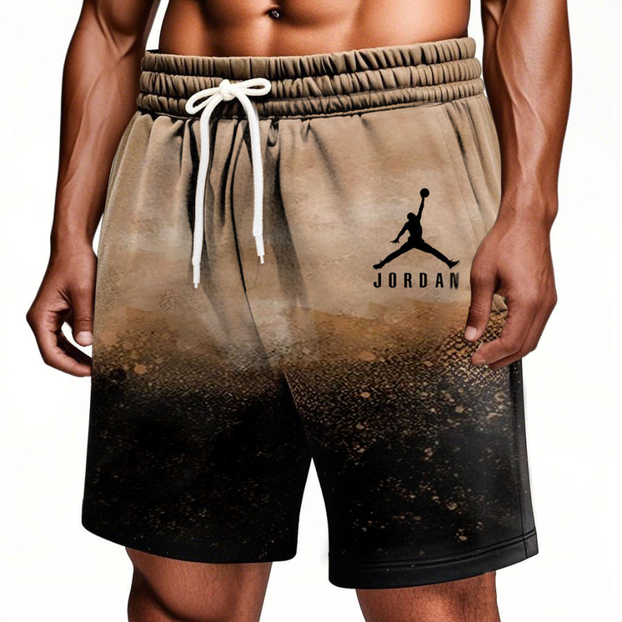 

Men's Basketball Khaki Black Gradient Print Sports Elastic Drawstring Shorts