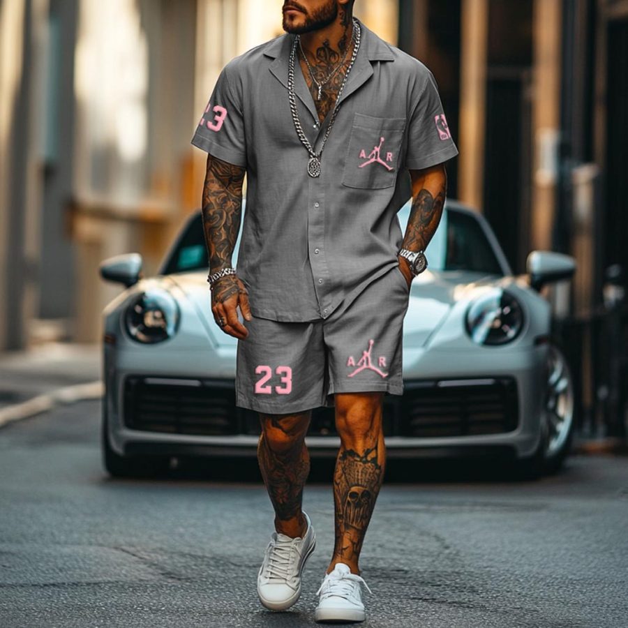 

Unisex Basketball Print Cotton And Linen Cuban Collar Streetwear Gray Short-Sleeved Shirt And Shorts Set