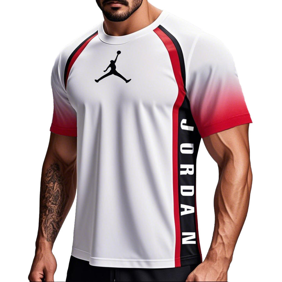 

Men's Basketball White And Red Gradient Print Breathable Sports Crew Neck Short Sleeve T-Shirt
