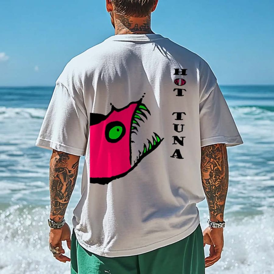 

Unisex Fish Graphic Surf Print Oversized White Cotton Short Sleeve T-Shirt