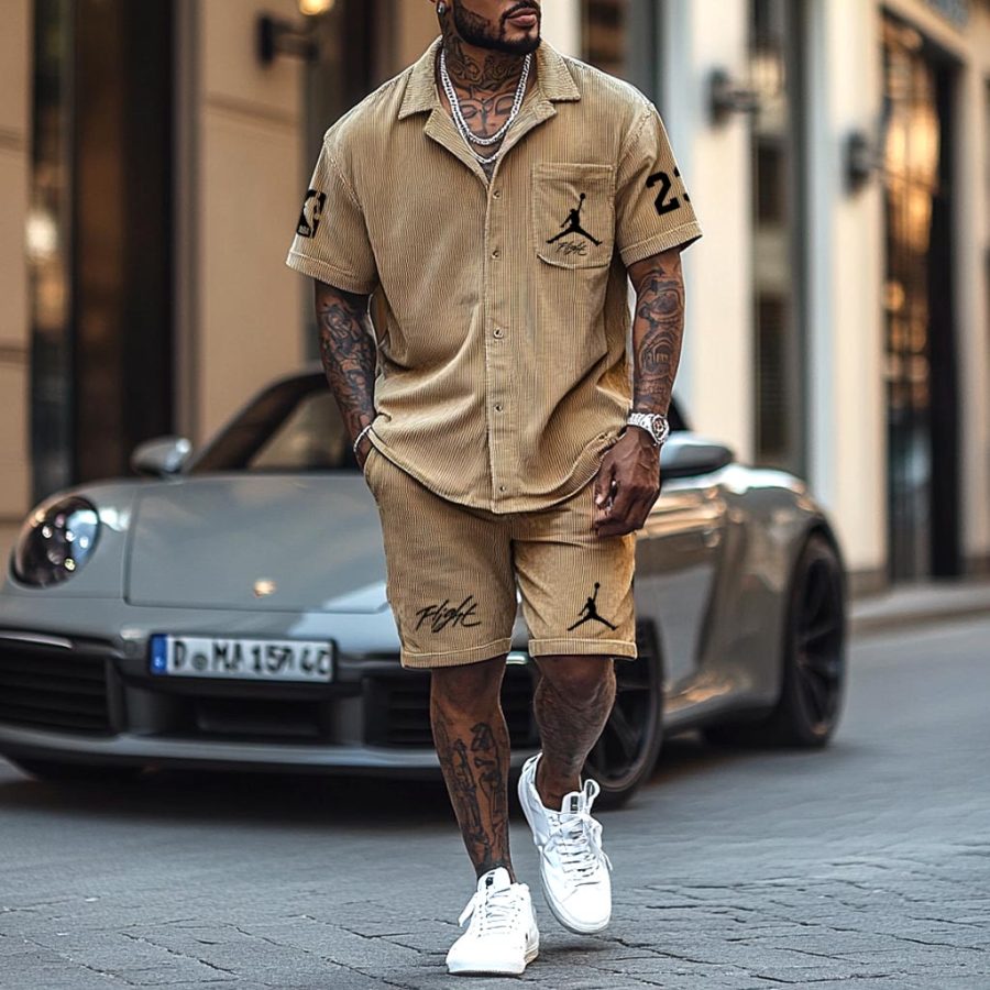 

Unisex Basketball Print Corduroy Cuban Collar Streetwear Khaki Short-Sleeved Shirt And Shorts Set