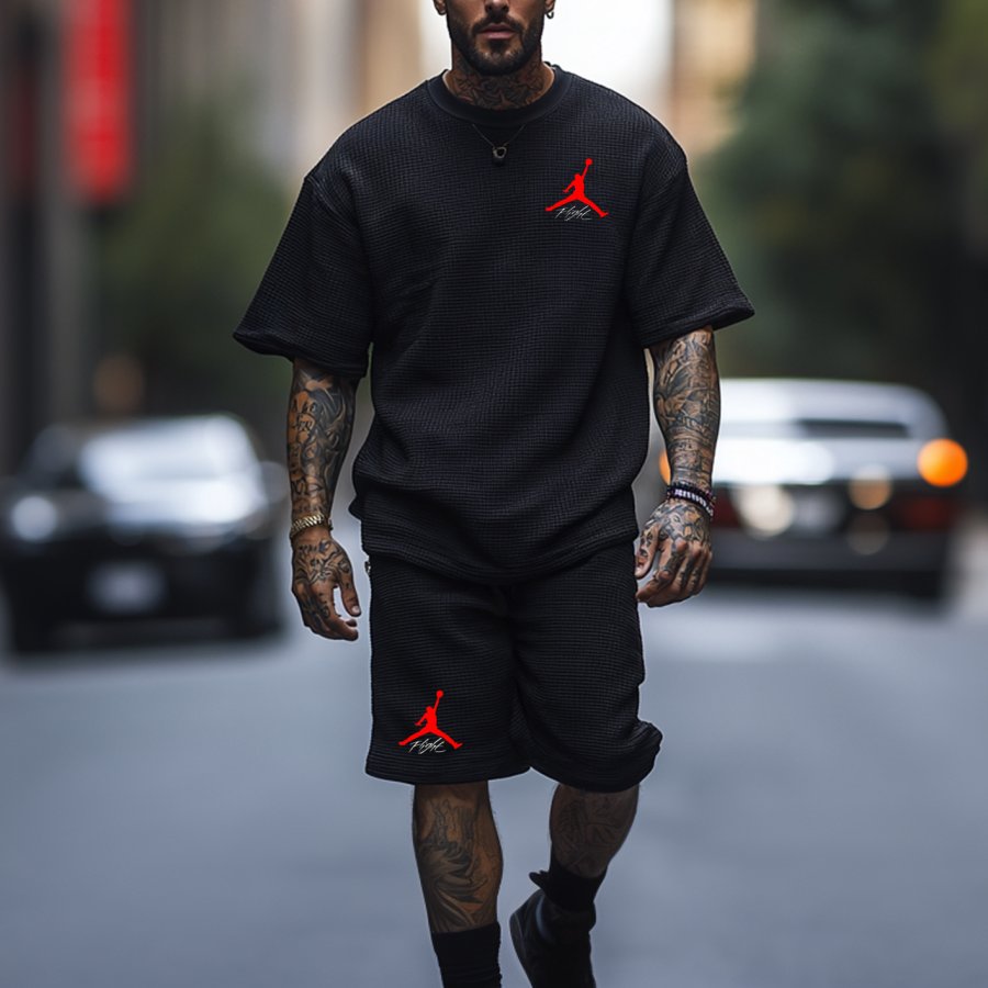 

Unisex Basketball Waffle Fabric Knit Black Oversize T-shirt And Shorts Set