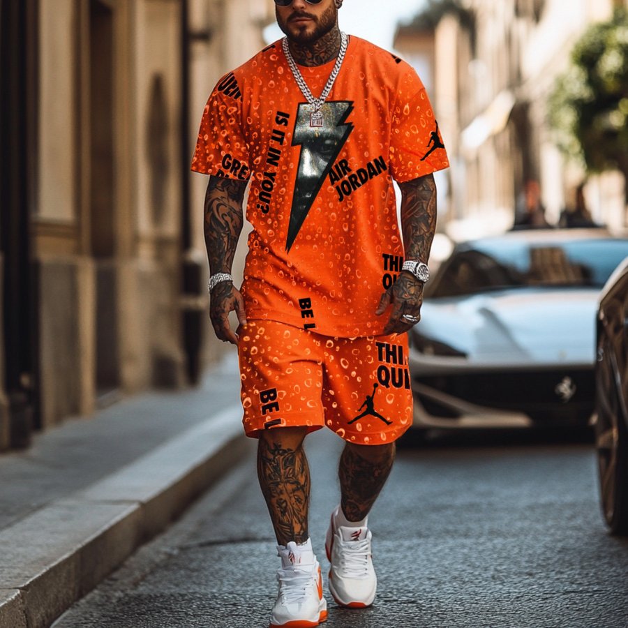 

Unisex Basketball Print Oversized Streetwear Orange Short-Sleeved T-shirt And Shorts Set