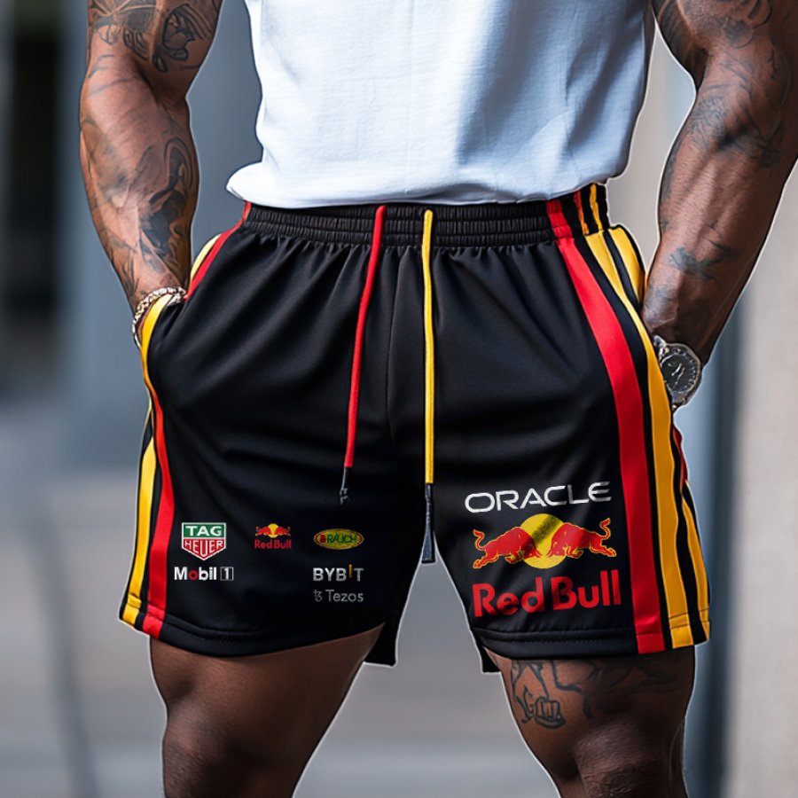 

Men's Leisure Race Car Print Ribbon Splicing Performance Skin Friendly And Breathable Sports Shorts