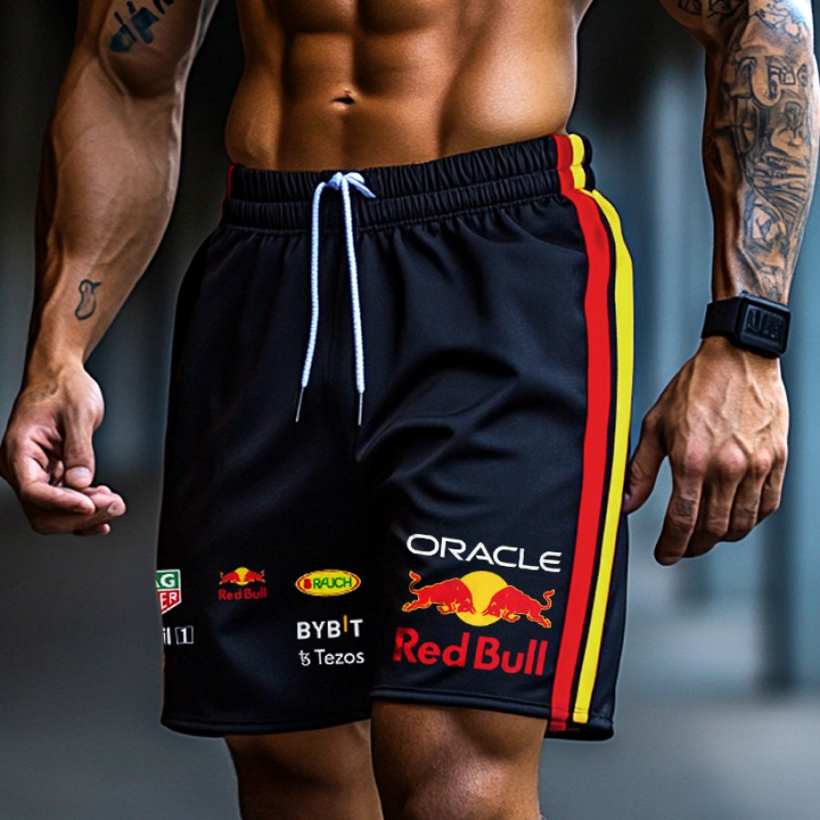 

Men's Race Car Print Ribbon Splicing Performance Skin Friendly And Breathable Sports Shorts