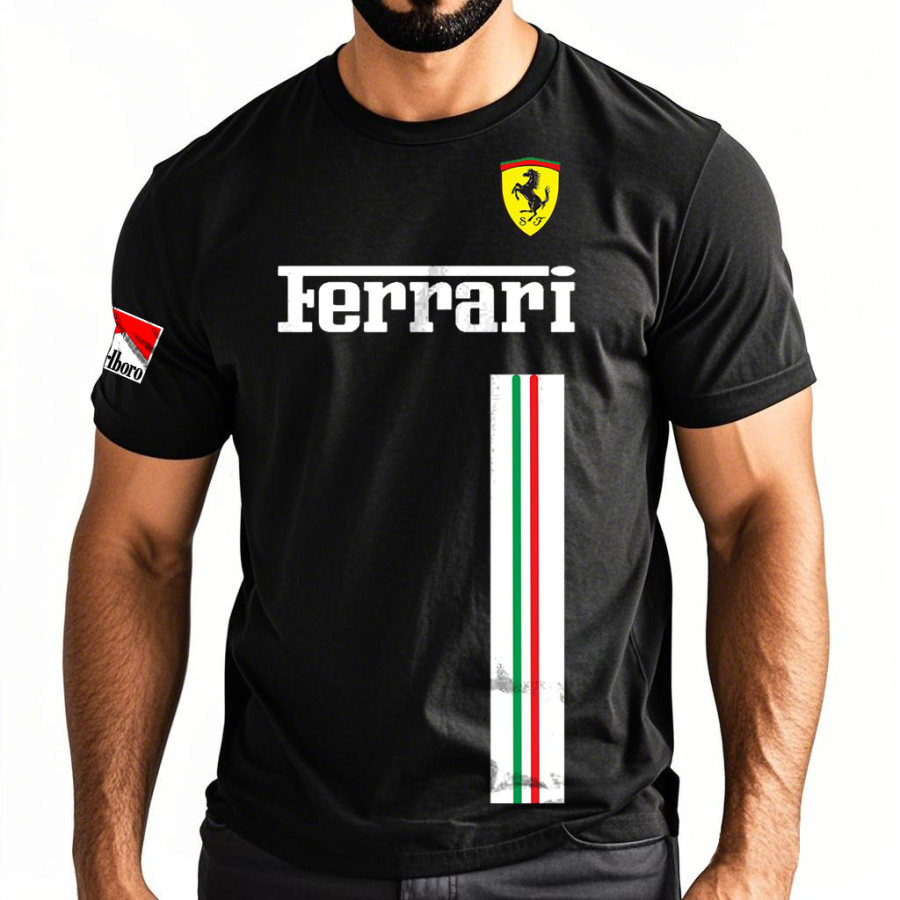 

Men's Outdoor Ferrari Racing Classic Stripe Print Black Cotton Short Sleeve T-Shirt