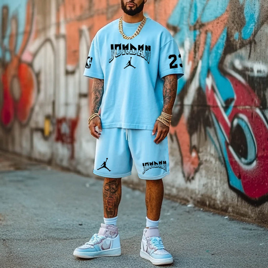 

Unisex Basketball Print Oversized Streetwear Sky Blue Short-Sleeved T-shirt And Shorts Set