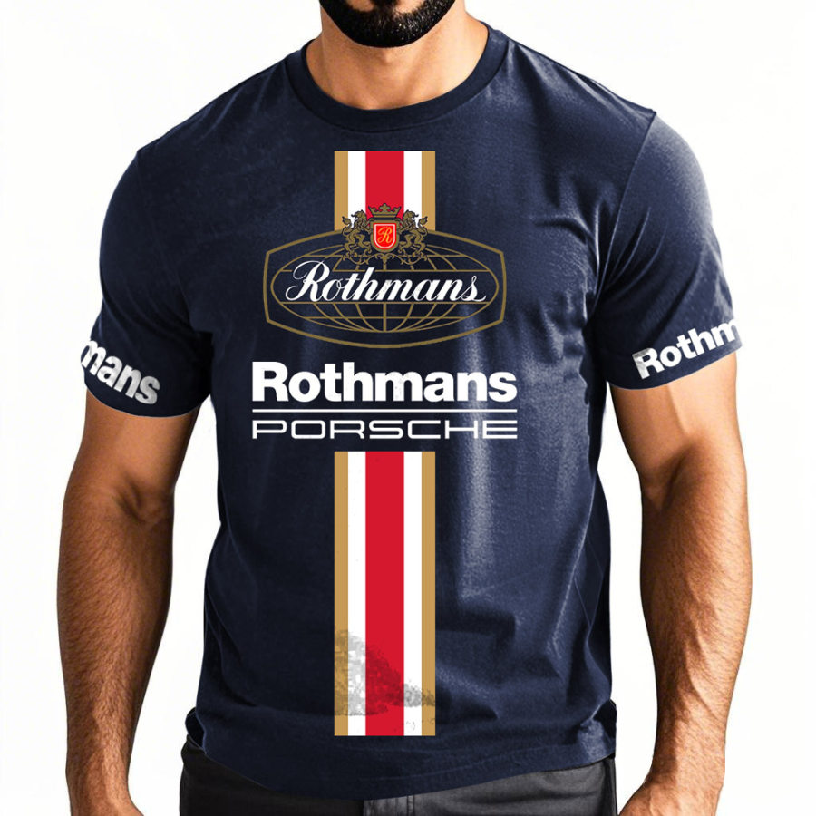 

Men's Outdoor Racing Car Stripe Print Navy Cotton Short Sleeve T-Shirt