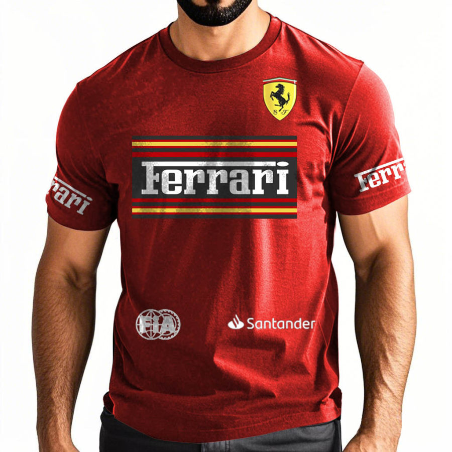 

Men's Outdoor Ferrari Racing Car Team Print Red Cotton Short Sleeve T-Shirt