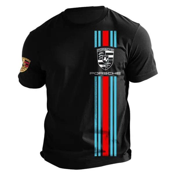Men's Vintage Porsche Racing Stripe Print Cotton Short Sleeve T-Shirt - Cotosen.com 