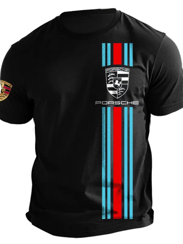 Men's Vintage Porsche Racing Stripe Print Cotton Short Sleeve T-Shirt - Pragmaace.com 