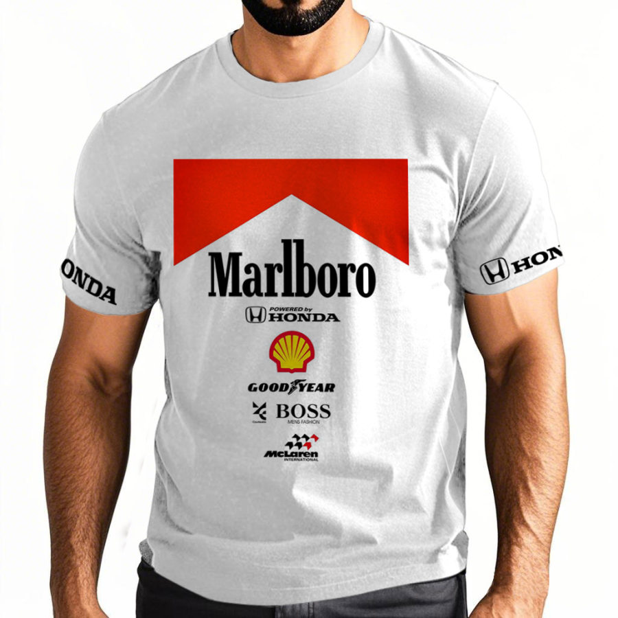 

Men's Outdoor Marlboro Racing Car Motorsport Print White Cotton Short Sleeve T-Shirt