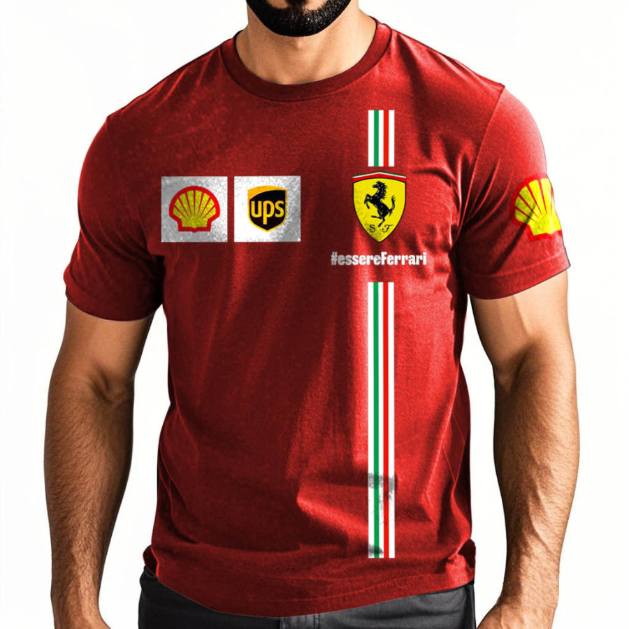 

Men's Outdoor Racing Car Stripe Print Red Cotton Short Sleeve T-Shirt