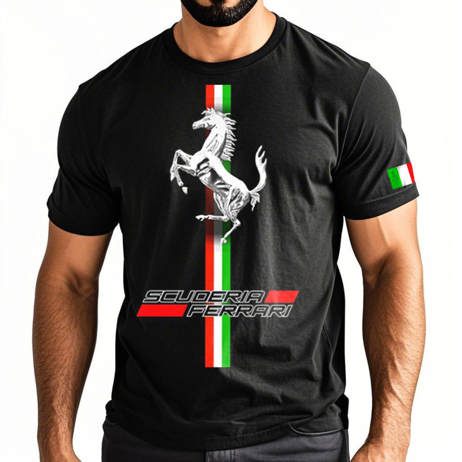 

Men's Outdoor Ferrari Racing Stripe Italian Flag Print Cotton Short Sleeve T-Shirt