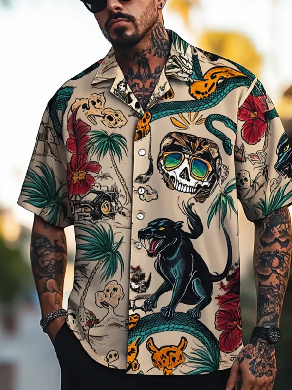 Men's Tropical Skull And Panther Hawaiian Shirt - Pragmaace.com 