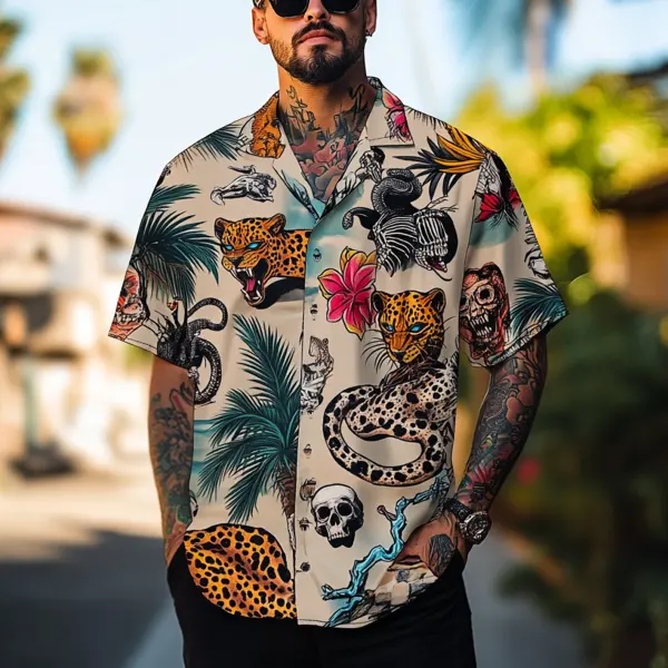 Men's Tropical Leopard And Skull Print Hawaiian Shirt - Wayrates.com 