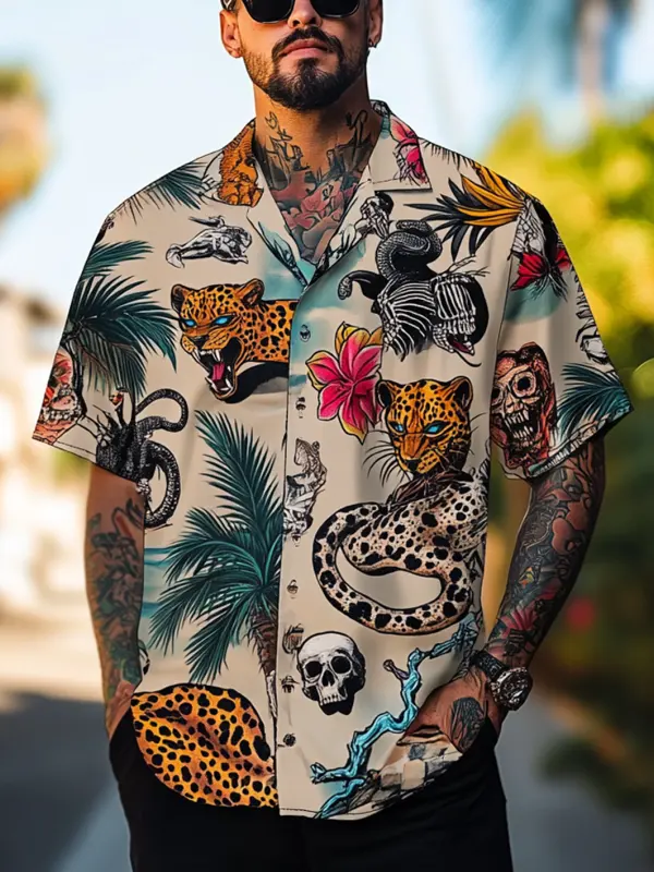 Men's Tropical Leopard And Skull Print Hawaiian Shirt - Pragmaace.com 
