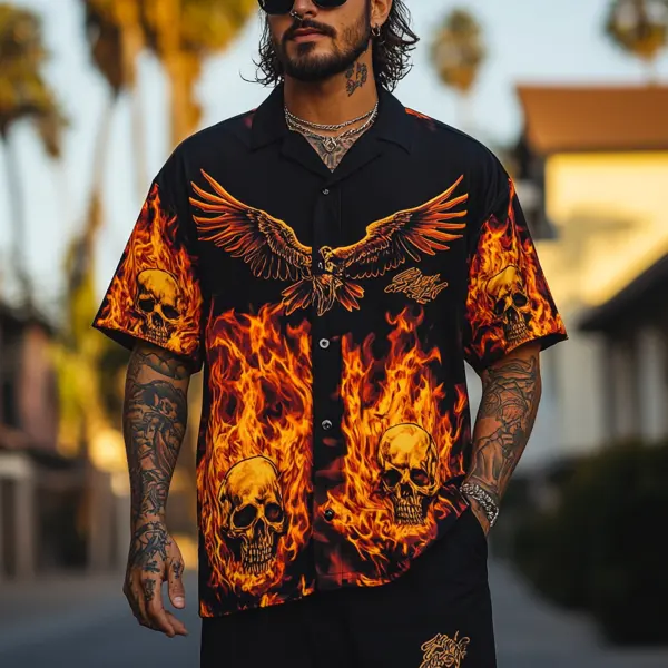 Men's Flaming Eagle And Skulls Hawaiian Shirt - Wayrates.com 