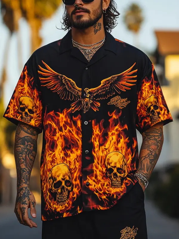 Men's Flaming Eagle And Skulls Hawaiian Shirt - Pragmaace.com 