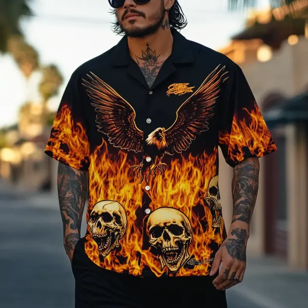 Men's Flaming Eagle And Skulls Hawaiian Shirt - Wayrates.com 