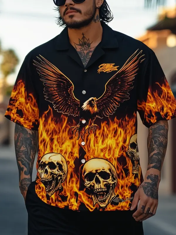 Men's Flaming Eagle And Skulls Hawaiian Shirt - Pragmaace.com 
