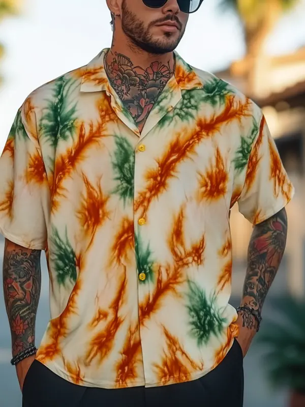Men's Tropical Tie-Dye Shirt With Cuban Collar - Menbarn.com 