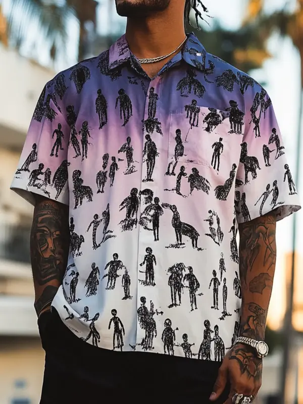 Men's Purple And White Graphic Print Shirt With Loose Fit - Menbarn.com 